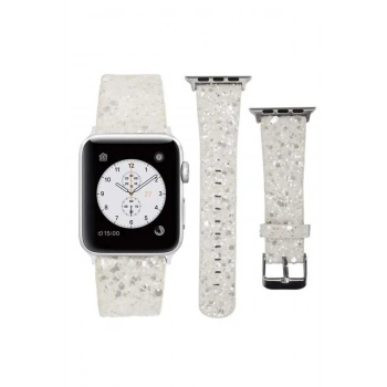 Apple Watch 38/40/41 MM ile Uyumlu Işıltılı Taş ve Sim Kaplı Şık ve Zarif Deri Saat Kordonu