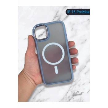 iPhone 15 Pro Max ile Uyumlu Magsafe Özellikli Leke Tutmaz Kenarları Silikon Mat Krom Telefon Kılıfı