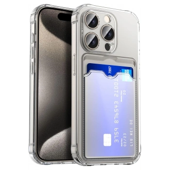 iPhone 15 Pro ile Uyumlu Kamera Korumalı Şeffaf Kartlık Bölmeli Silikon Kılıf Card Case