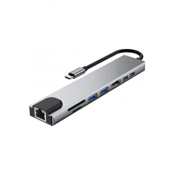 MacBook Uyumlu Type-C 8 in 1 HUB RJ45/SD/TF/USB 3.0/HDTV/PD Çevirici Çoklayıcı