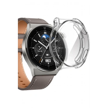 Huawei GT3 46mm Uyumlu Birebir Tam Uyumlu Şeffaf 360 Silikon Tam Koruma Kasa Ekran Koruyucu