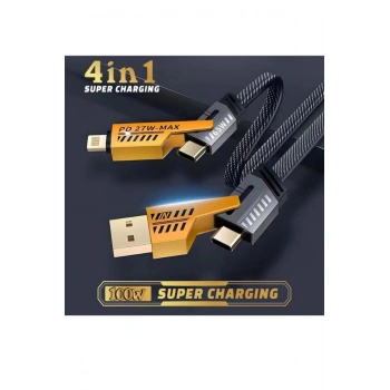 4 in 1 Çok Fonksiyonlu PD Lightning USB-A Çelik Örgü Kopmaz Yırtılmaz Şarj ve Data Kablosu