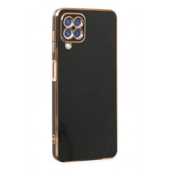Samsung Galaxy A12 ile Uyumlu Gold Detaylı Esnek Silikon Kamera Korumalı Kılıf