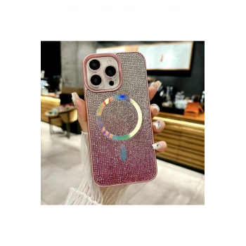 Apple iPhone 16 PRO MAX ile Uyumlu Magsafe Özellikli Renk Geçişli Parlak Taşlı Kılıf