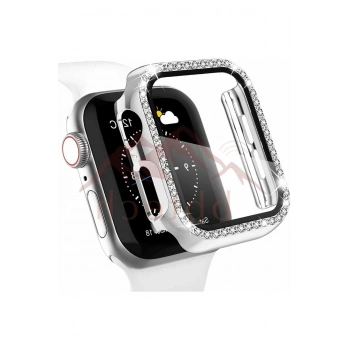 Apple Watch Seri 10 42mm Uyumlu Taşlı Kasa Koruyucu Renkli PC Parlak Taş Detay Kasa Ekran Koruyucu