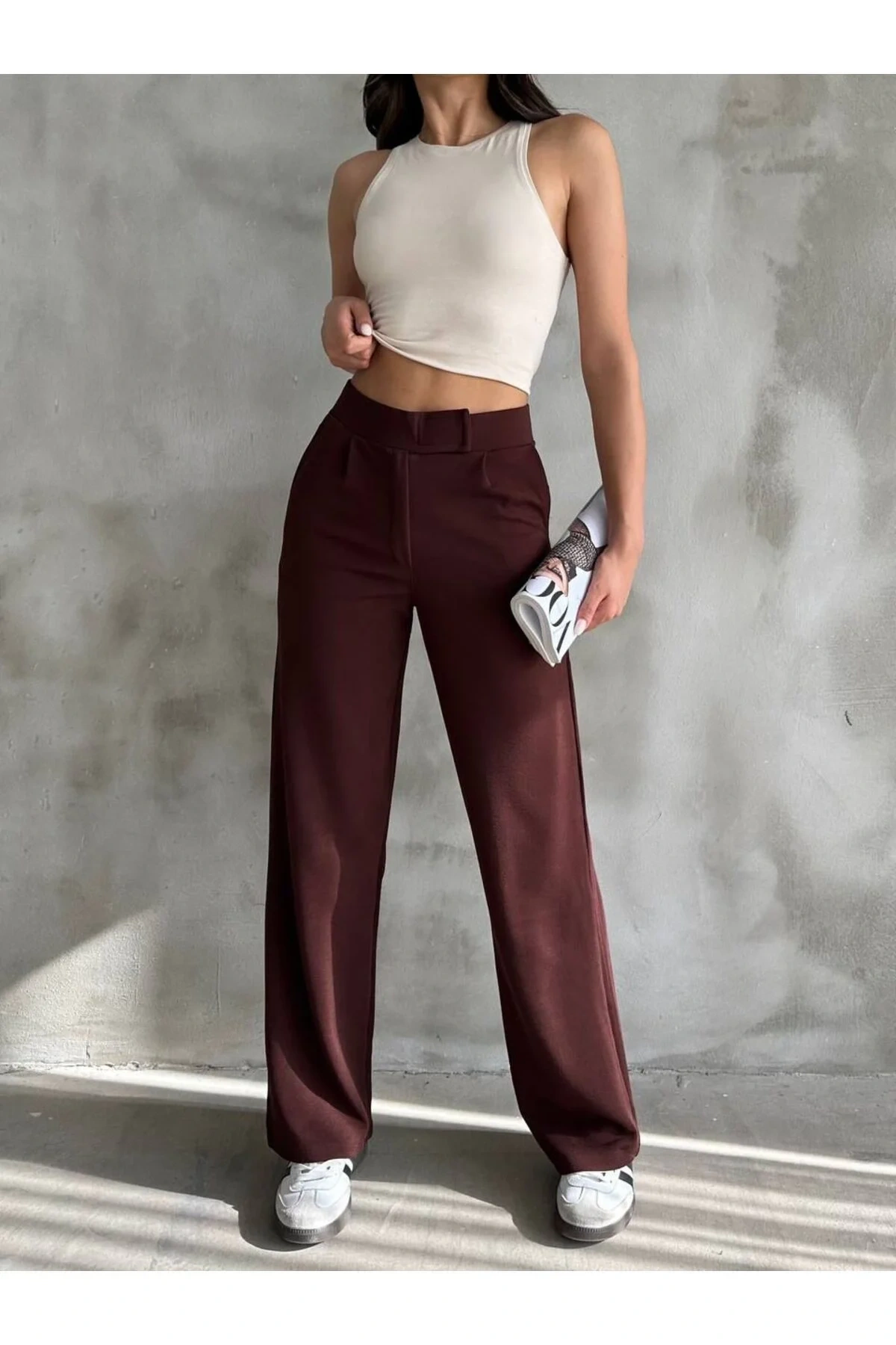 bysoca Kadın Kahverengi Yüksek Bel Cepli Cırtlı Ayarlanabilir Rahat Bol Paça Palazzo Kumaş Pantolon