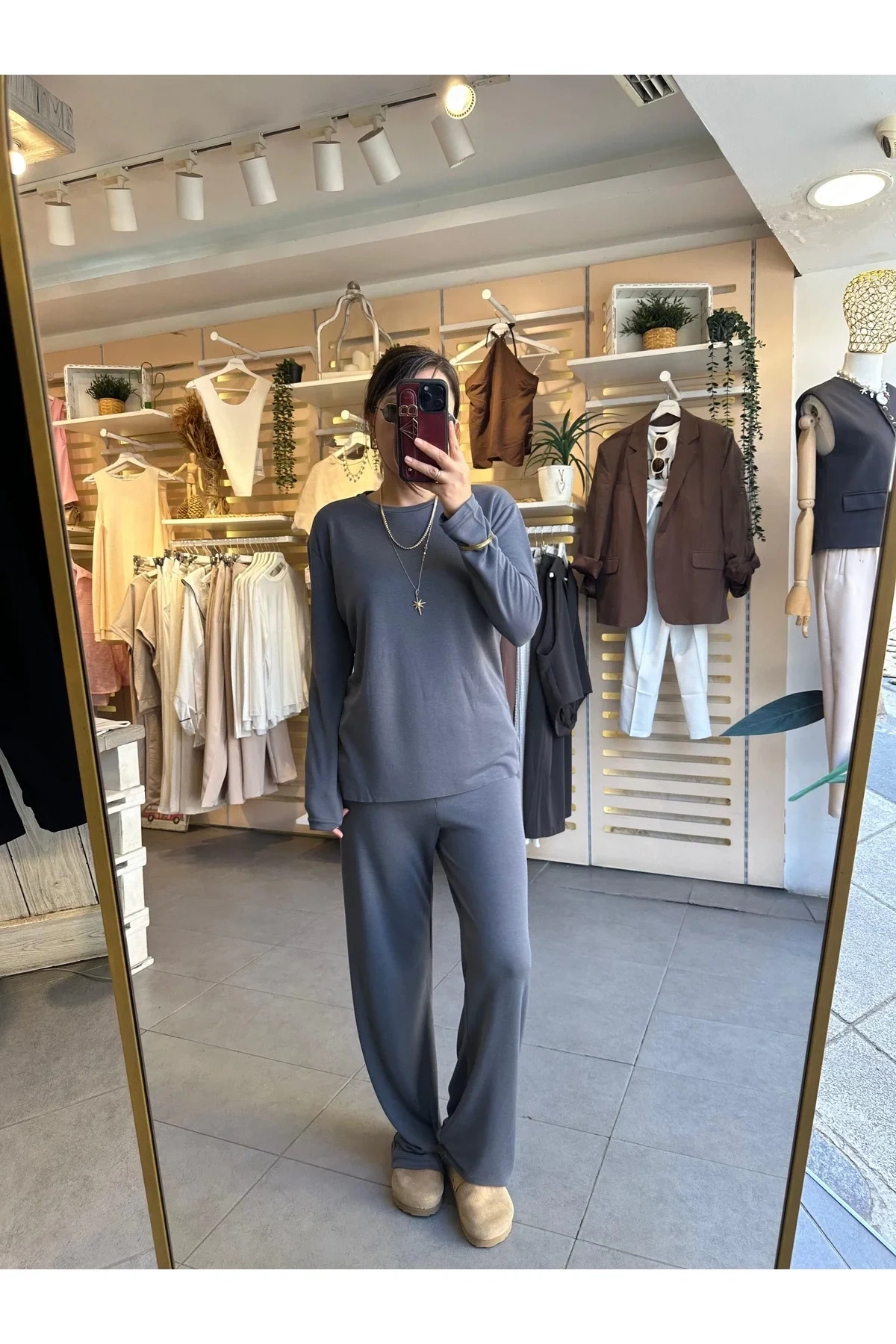 bysoca Kadın Antrasit Pike Modal Kumaş Geniş Paça Pantolon ve Uzun Kollu Üst İkili Eşofman Takımı