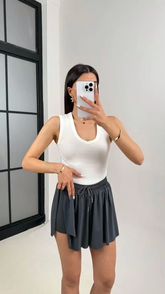 bysoca Kadın Antrasit Yüksek Bel Beli Lastikli ve Bağcıklı Pileli İçi Şortlu Mini Spor Tenis Eteği