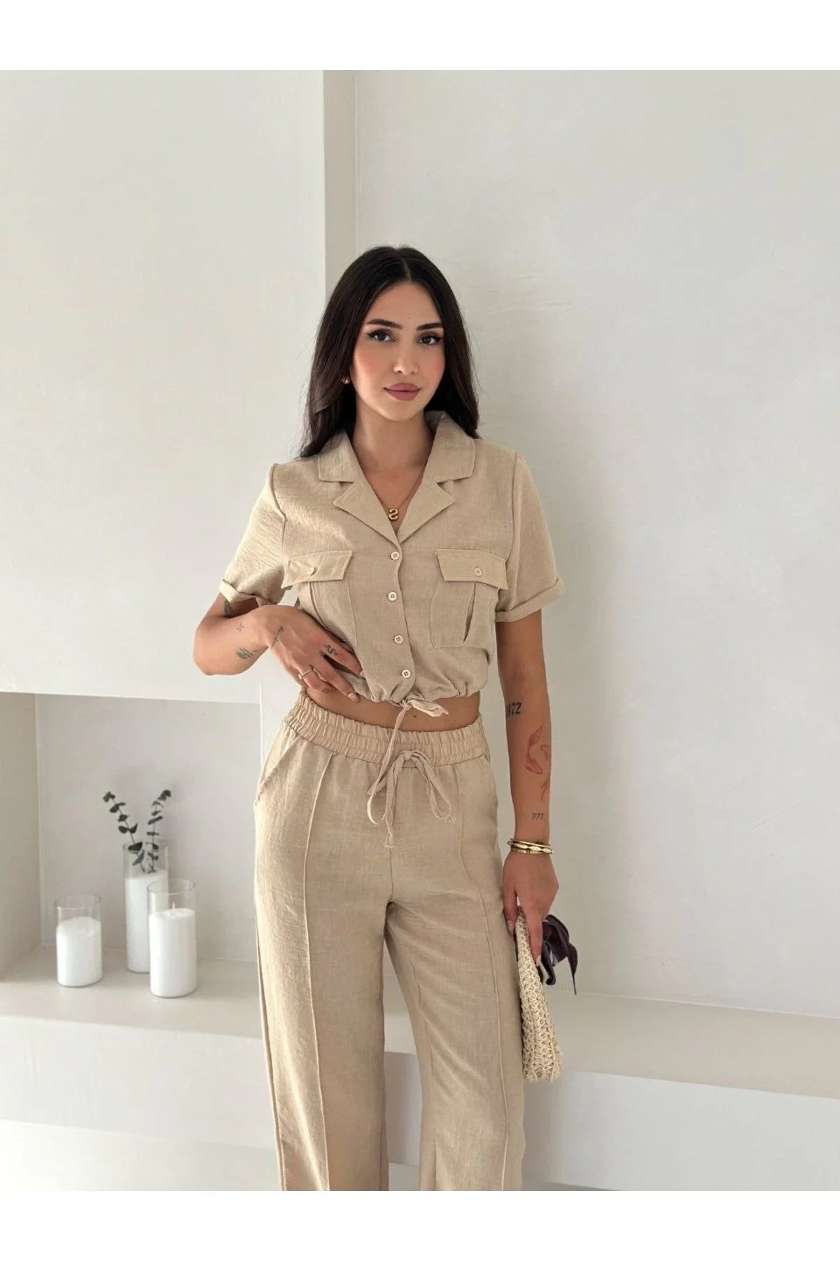 bysoca Kadın Bej Kısa Kollu Crop Gömlek ve Yüksek Bel Bol Paça Pantolon 2li Keten Takım