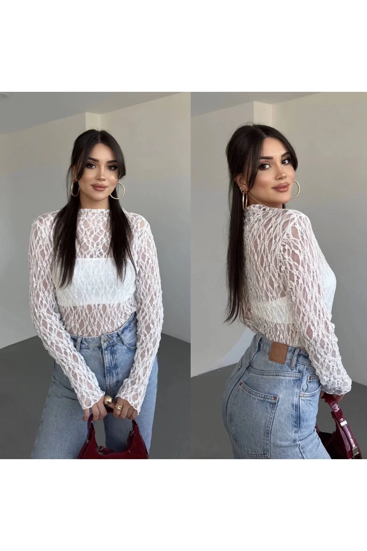 bysoca Kadın Beyaz Yarım Balıkçı Yaka Uzun Kollu Vücudu Saran Transparan Dantel Tül Body Bluz