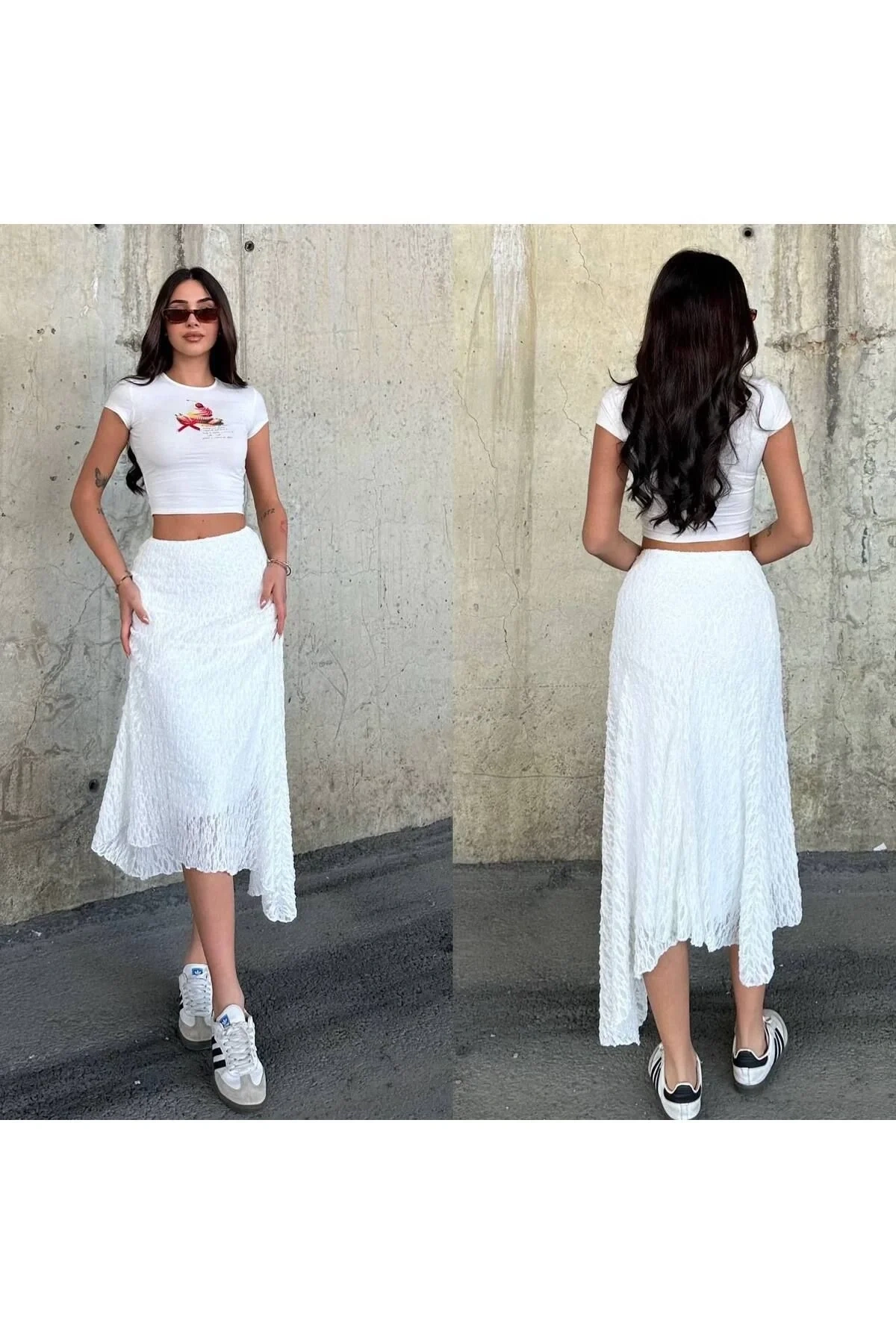 bysoca Kadın Beyaz Yüksek Bel Dantel Fisto Asimetrik Kesim Bohem Yazlık Midi Etek