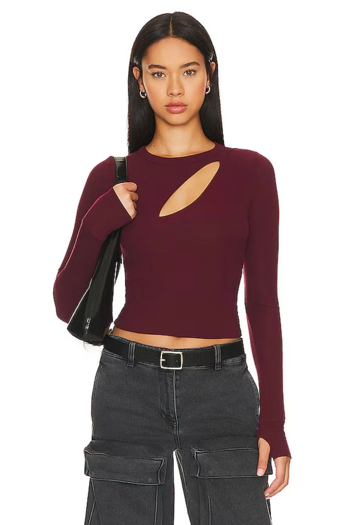 bysoca Kadın Bordo Göğüs Dekolteli Bisiklet Yaka Uzun Kollu Parmak Geçmeli Crop Top