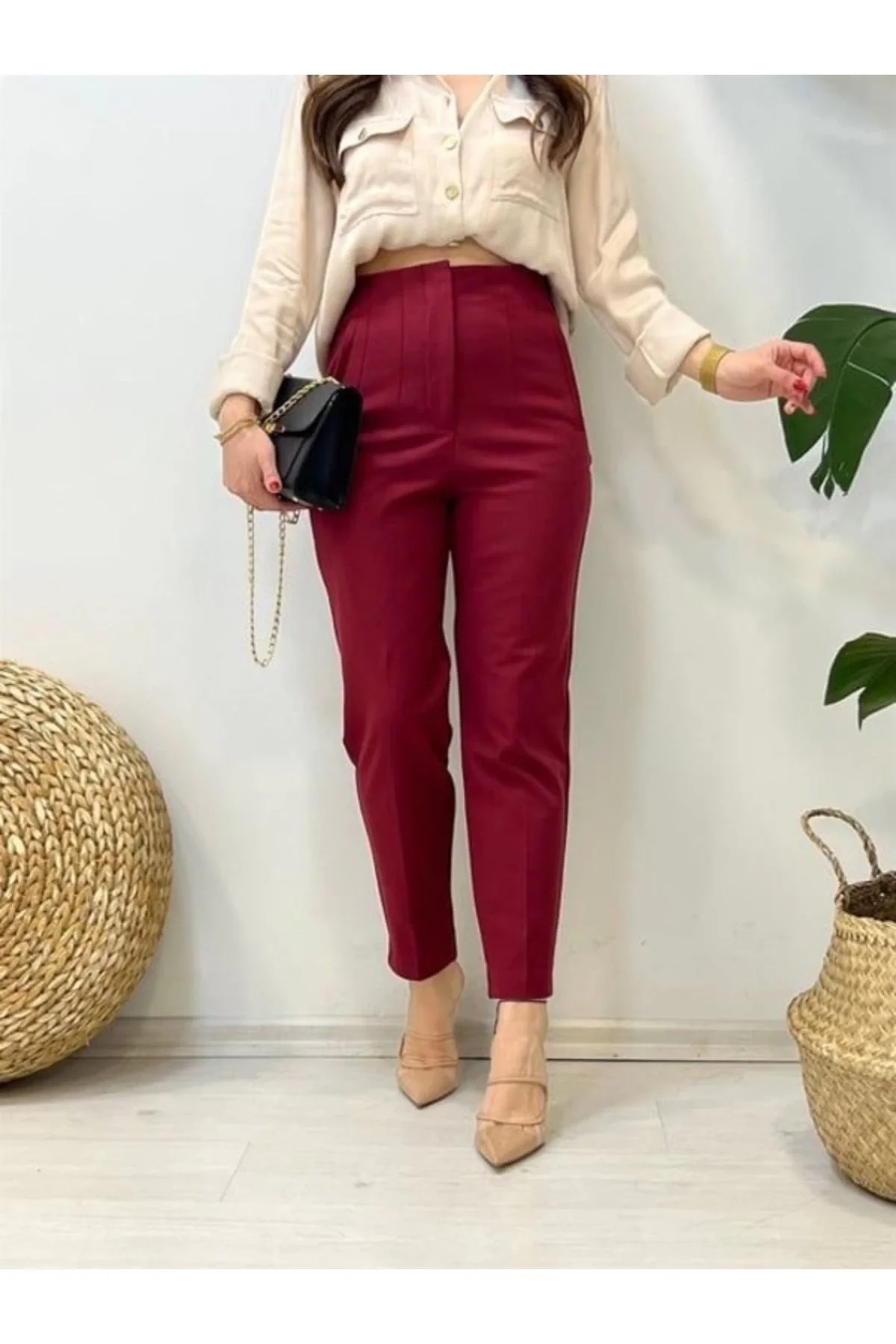Kadın Bordo Yüksek Bel Önü Pensli Havuç Kesim Bilek Boy Klasik Ofis Kumaş Pantolon