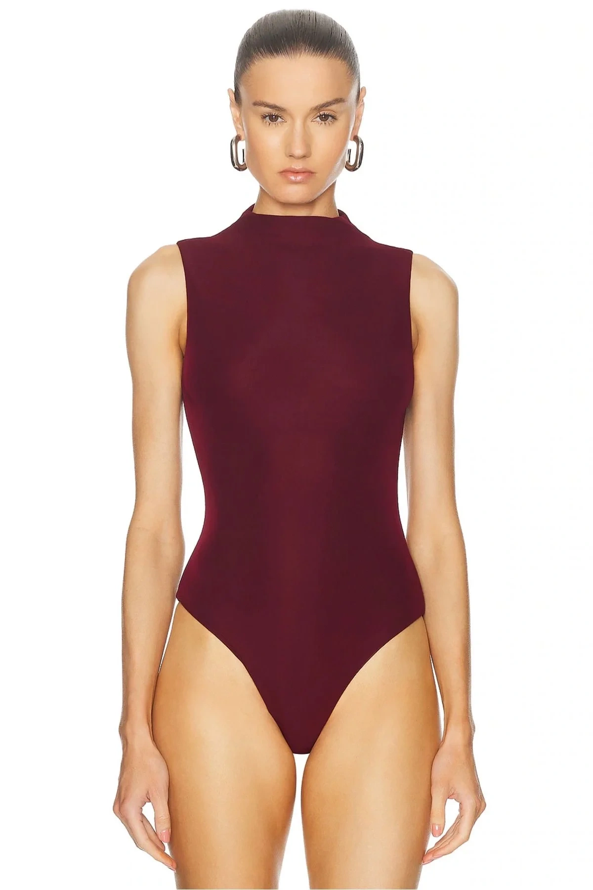 bysoca Kadın Bordo Yüksek Yaka Sıfır Kol Vücudu Saran İpek Jarse Basic Tanga Bodysuit