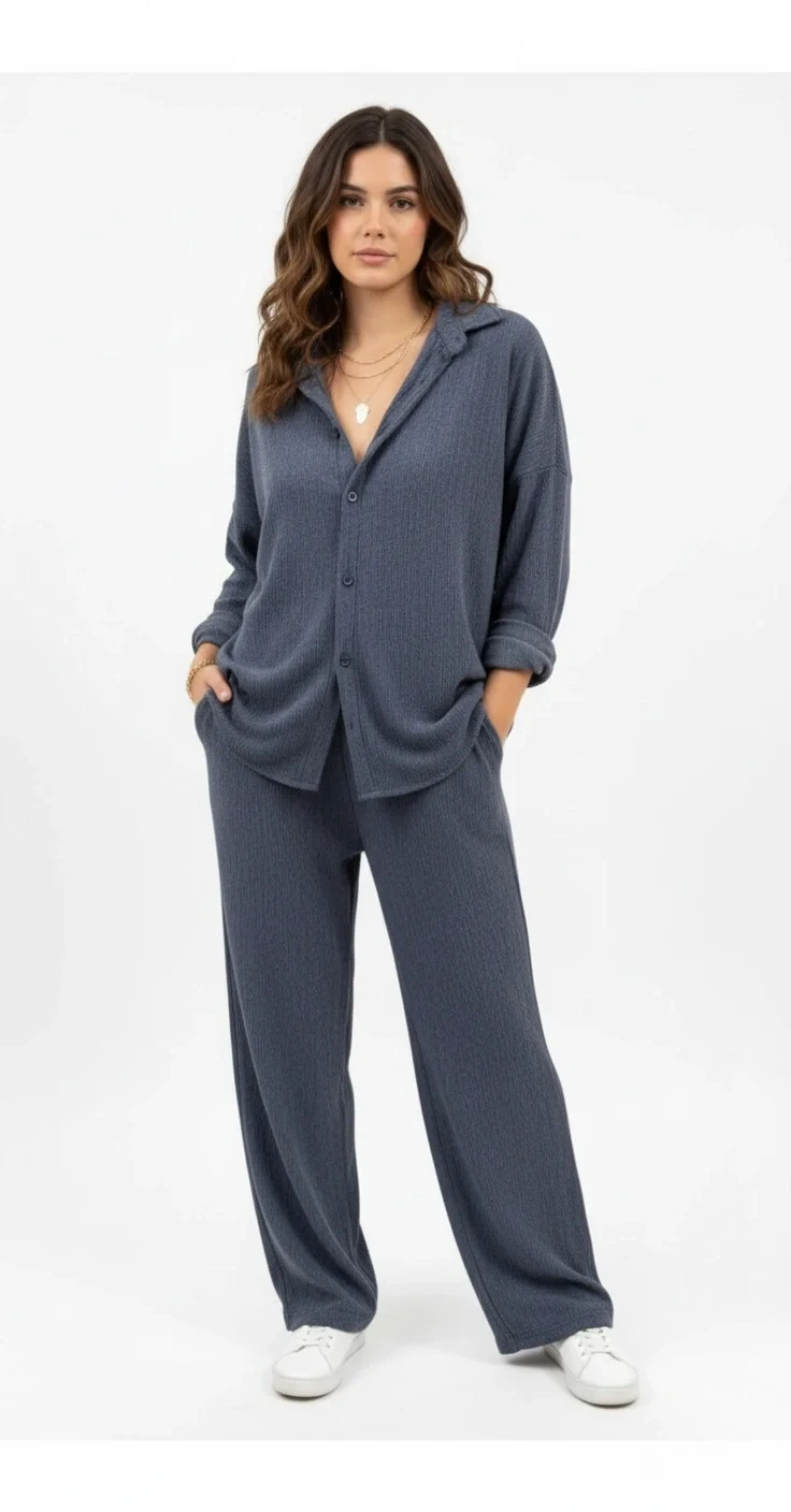 bysoca Kadın İndigo Düğmeli Gömlek ve Beli Lastikli Geniş Paça Pantolon Bürümcük Kumaş 2li Takım