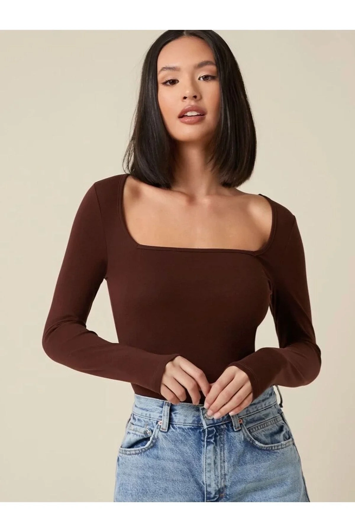 bysoca Kadın Kahverengi Kare Yaka Uzun Kollu İpek Jarse Vücudu Saran Basic Body