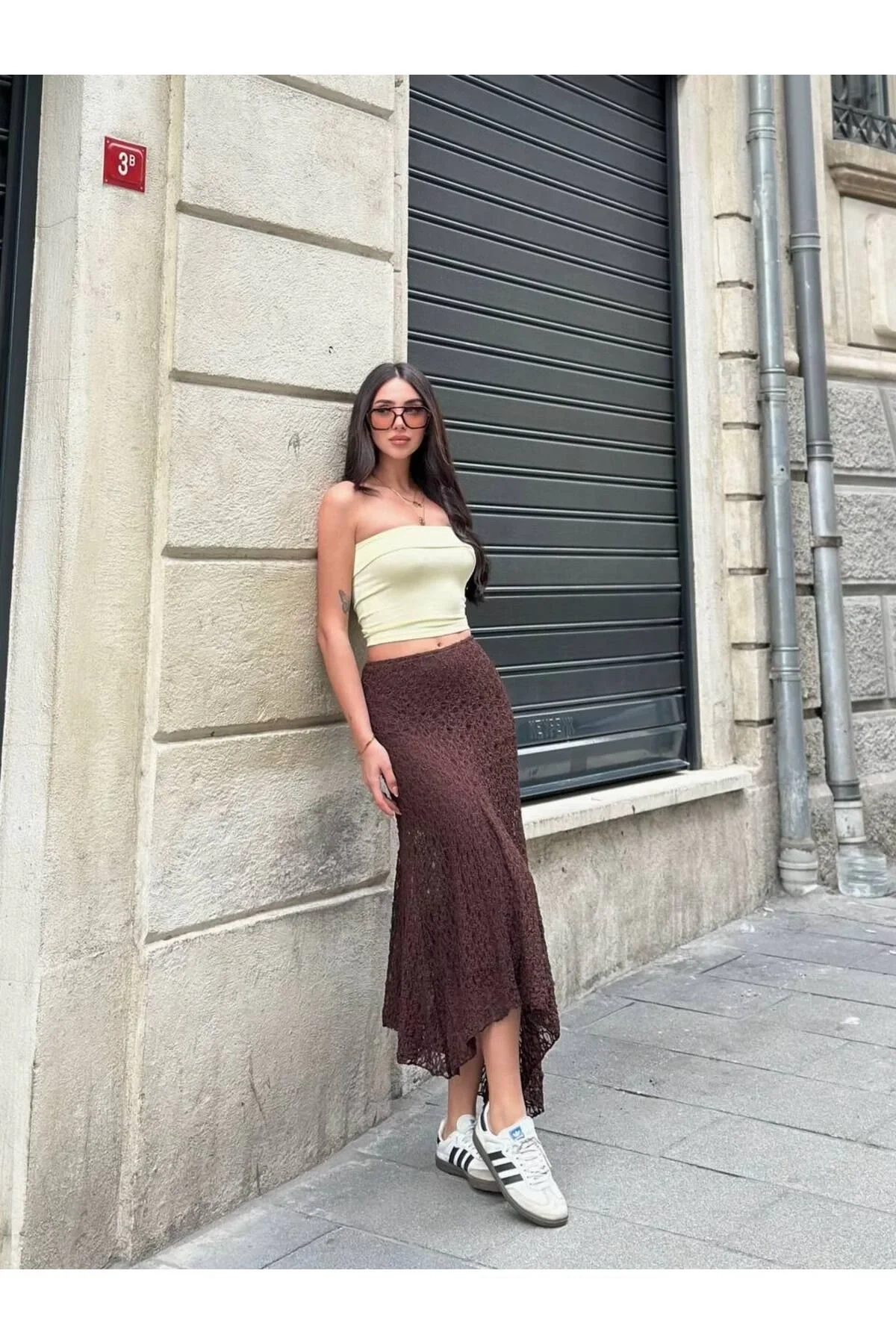 bysoca Kadın Kahverengi Yüksek Bel Dantel Fisto Asimetrik Kesim Bohem Yazlık Midi Etek