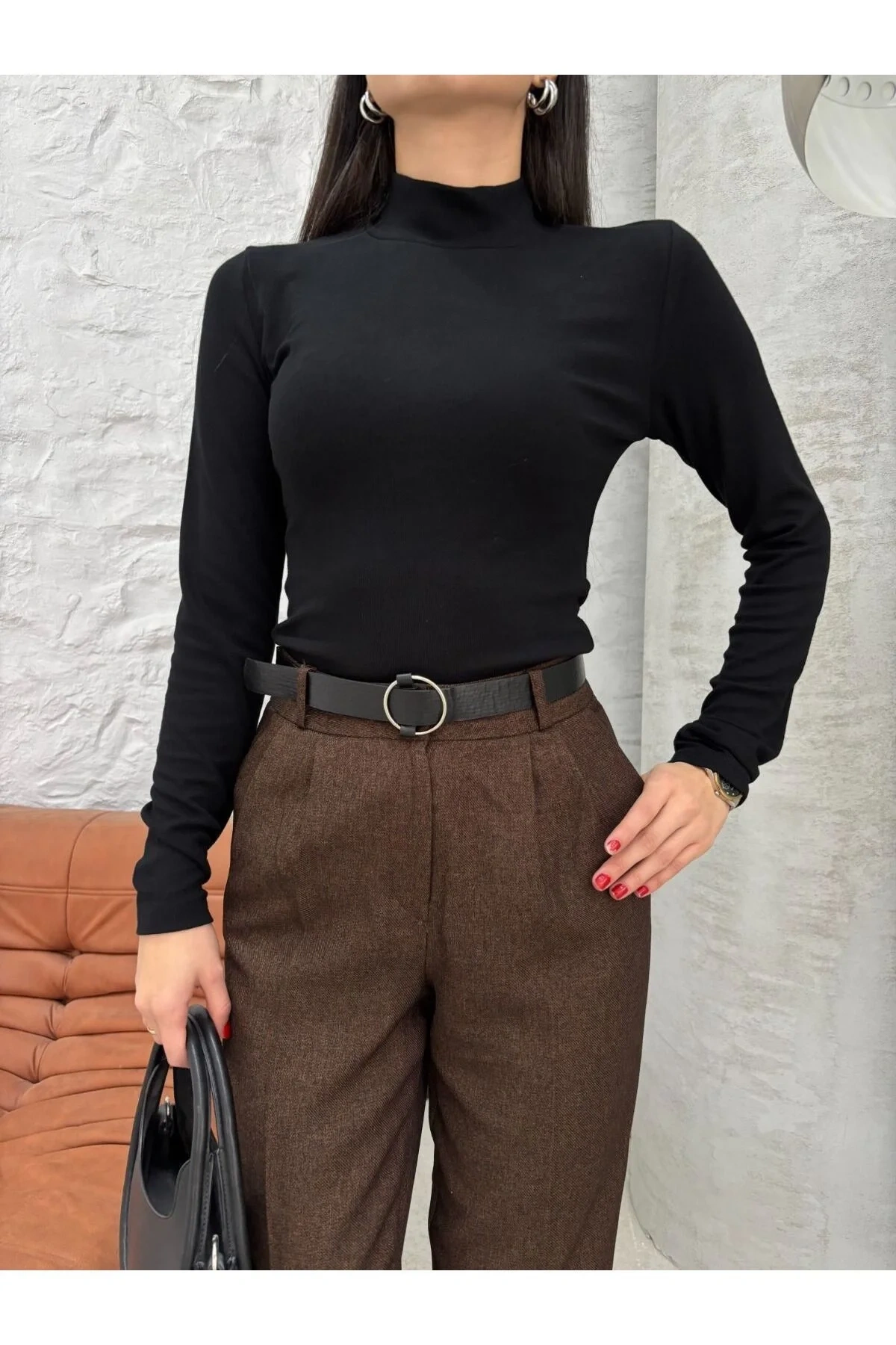 bysoca Kadın Kahverengi Yüksek Bel Kemerli Pileli Cepli Bilek Boy Havuç Kesim Klasik Kumaş Pantolon