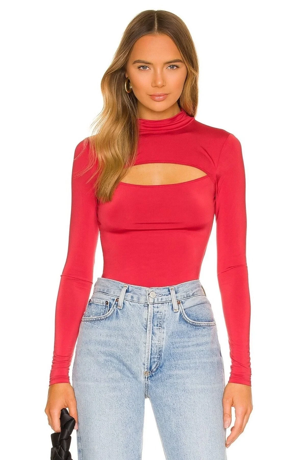 Kadın Kırmızı Balıkçı Yaka Göğüs Dekolteli Uzun Kollu Vücudu Saran Sandy Kumaş Bluz