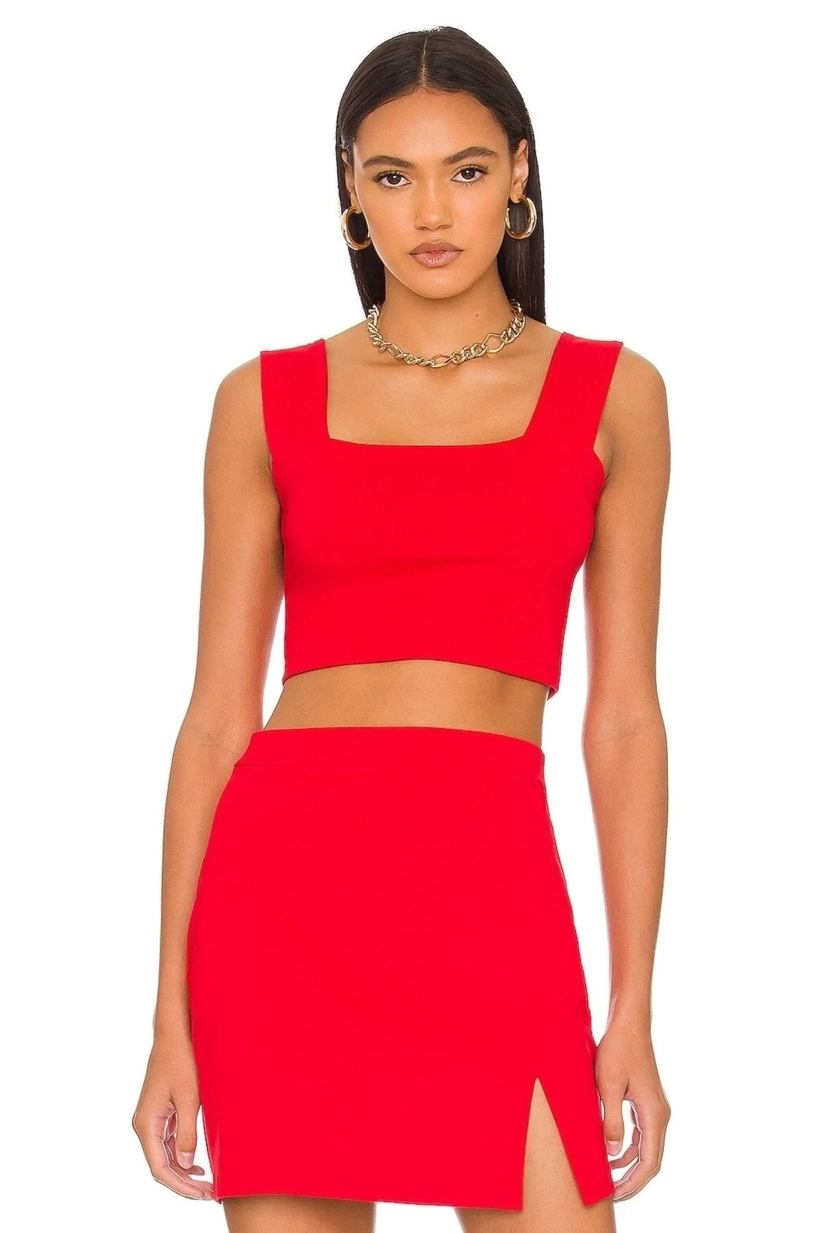 Kadın Kırmızı Kare Yaka Kalın Askılı Çift Kat Sandy Kumaş Basic Crop Top Büstiyer