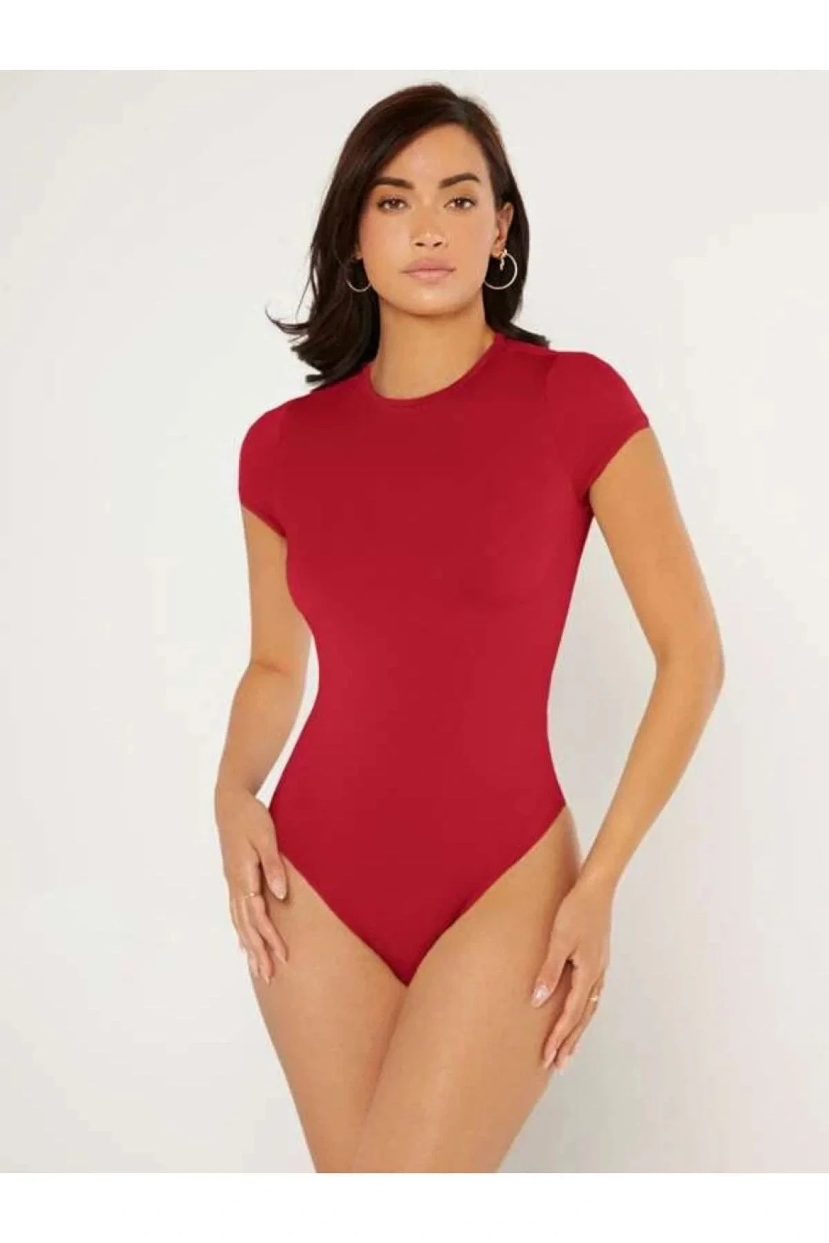 Kadın Kırmızı Kısa Kol Bisiklet Yaka Vücudu Saran Sandy Kumaş Basic Tanga Bodysuit