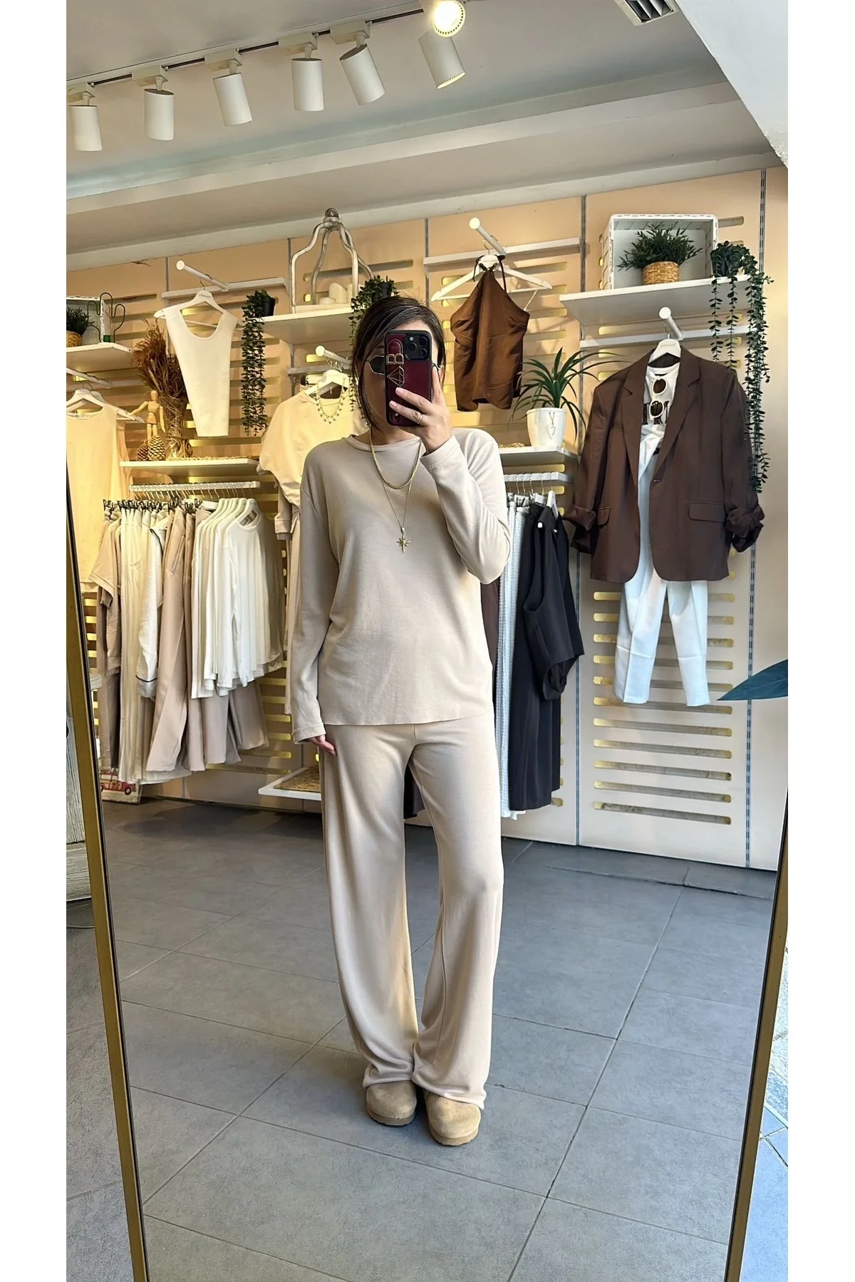 bysoca Kadın Krem Pike Modal Kumaş Geniş Paça Pantolon ve Uzun Kollu Üst İkili Eşofman Takımı