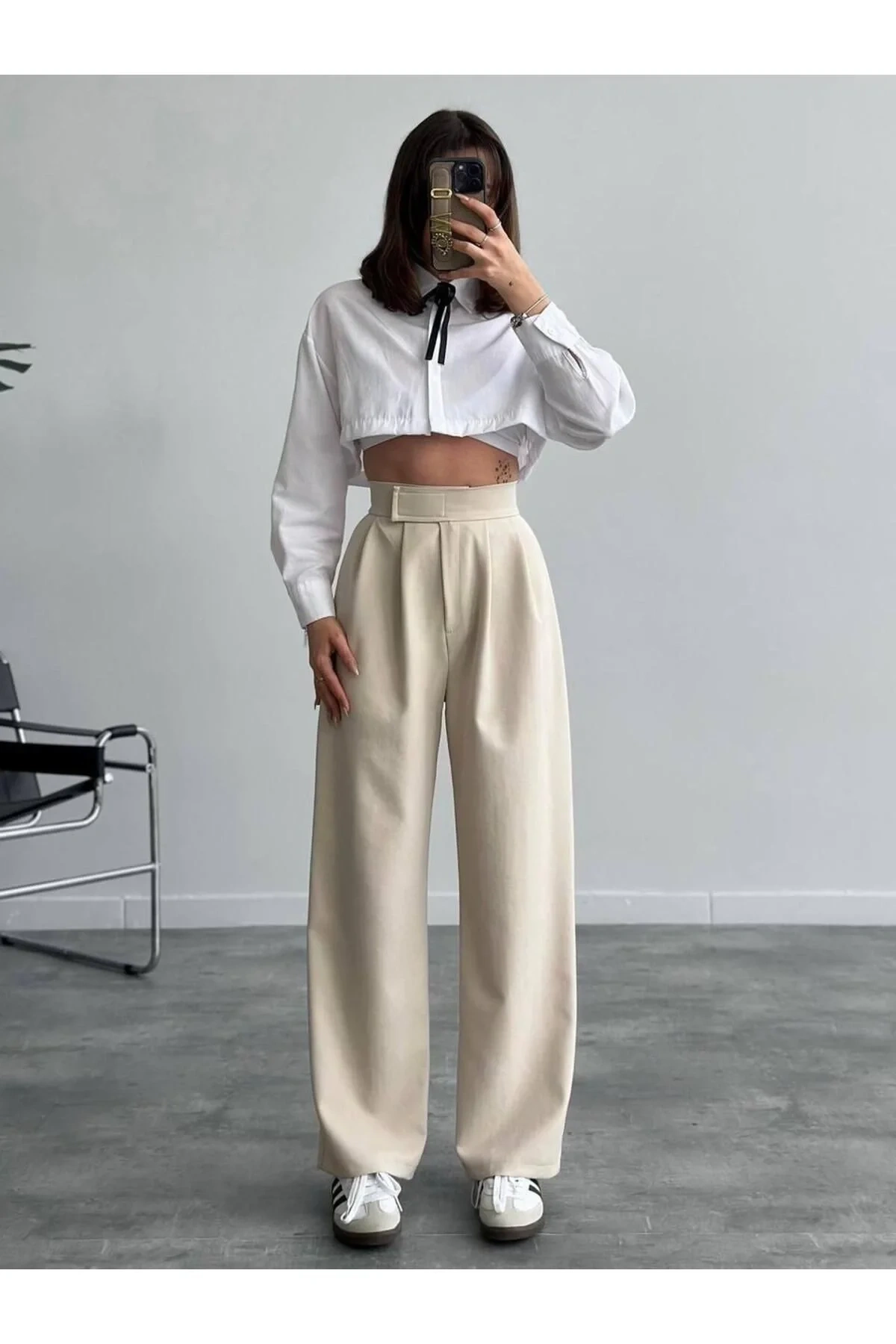 bysoca Kadın Krem Yüksek Bel Cepli Cırtlı Ayarlanabilir Rahat Bol Paça Palazzo Kumaş Pantolon