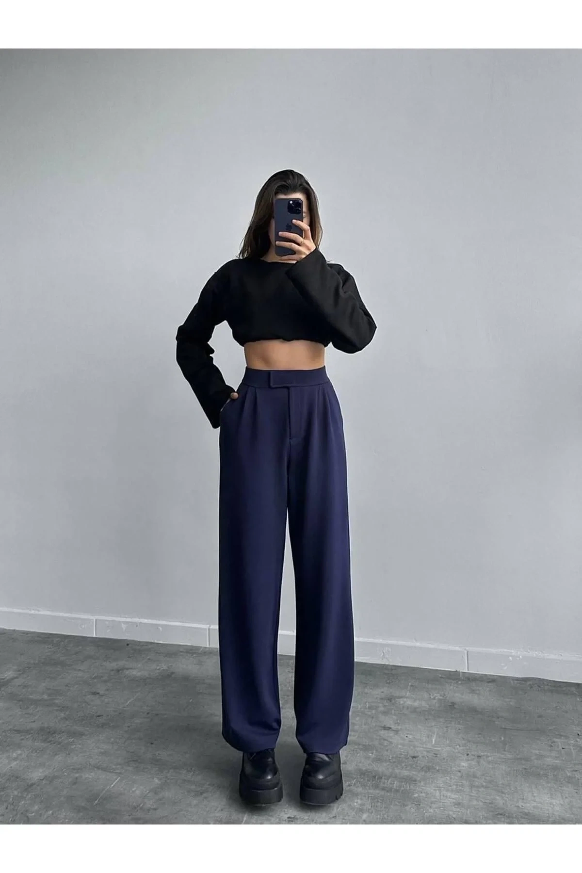 Kadın Lacivert Yüksek Bel Cepli Cırtlı Ayarlanabilir Rahat Bol Paça Palazzo Kumaş Pantolon