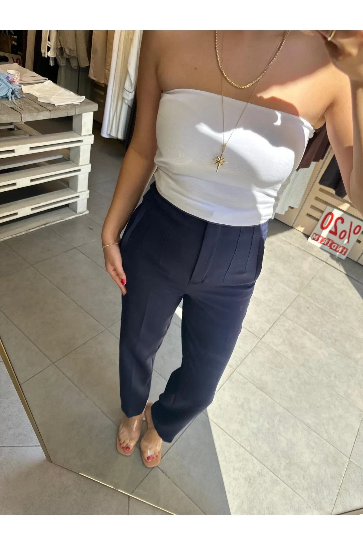 bysoca Kadın Lacivert Yüksek Bel Önü Pens Dikişli Bilek Boy Havuç Kesim Slim Fit Kumaş Pantolon