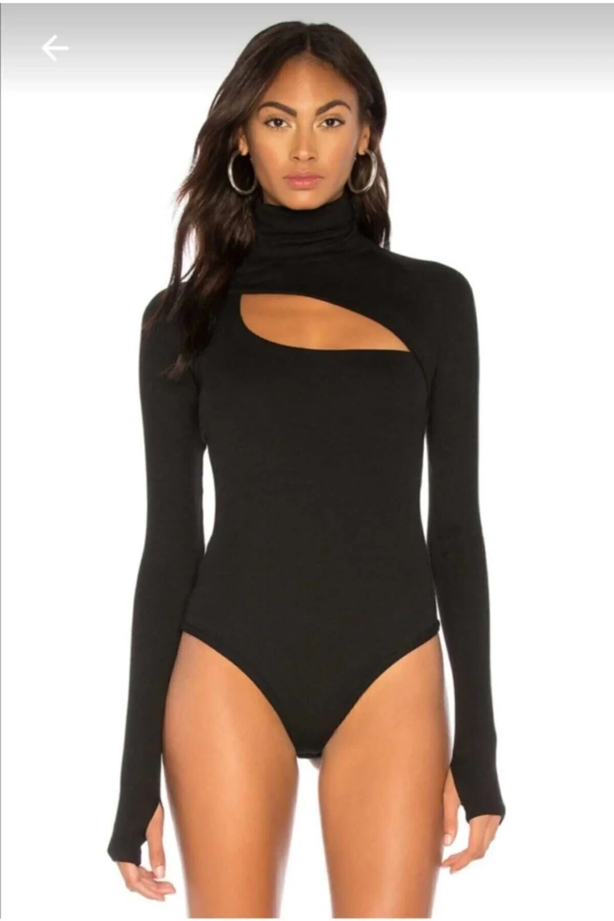 bysoca Kadın Siyah Balıkçı Dekolte Yaka Uzun Kollu Parmak Geçmeli Sandy Kumaş Tanga Basic Bodysuit