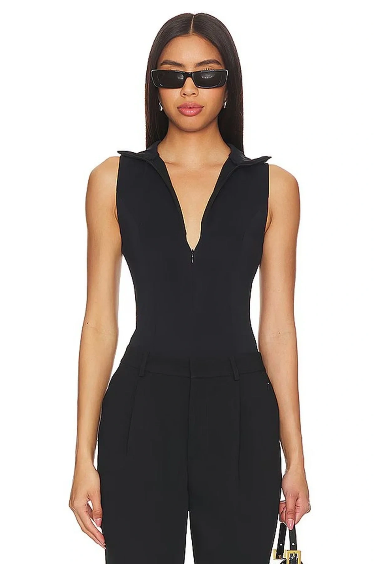 Kadın Siyah Balıkçı Yaka Fermuarlı Sıfır Kol Vücudu Saran Basic Bodysuit