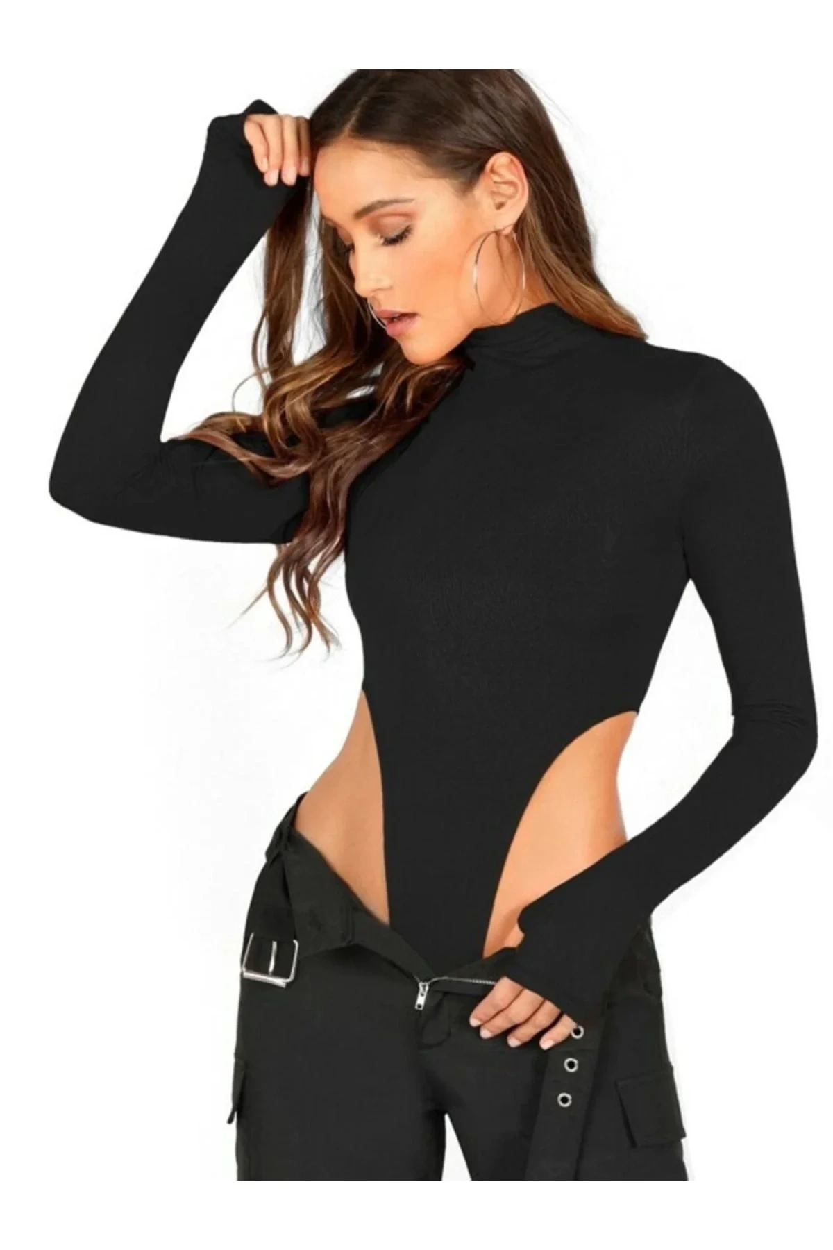 bysoca Kadın Siyah Balıkçı Yaka Uzun Kollu Parmak Geçmeli Sandy Yanı Yüksek Kesim Tanga Bodysuit