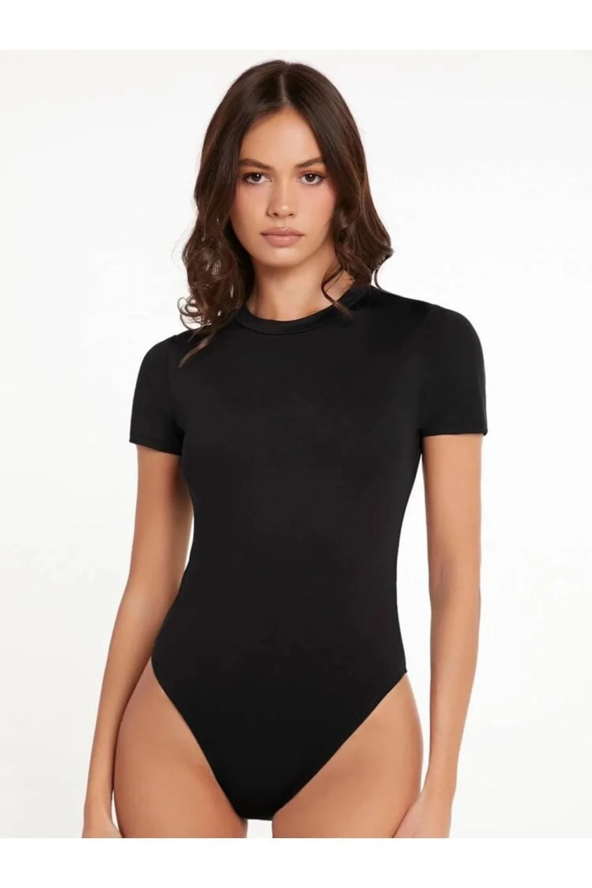 bysoca Kadın Siyah Bisiklet Yaka Kısa Kol İpek Jarse Vücudu Saran Basic Bodysuit