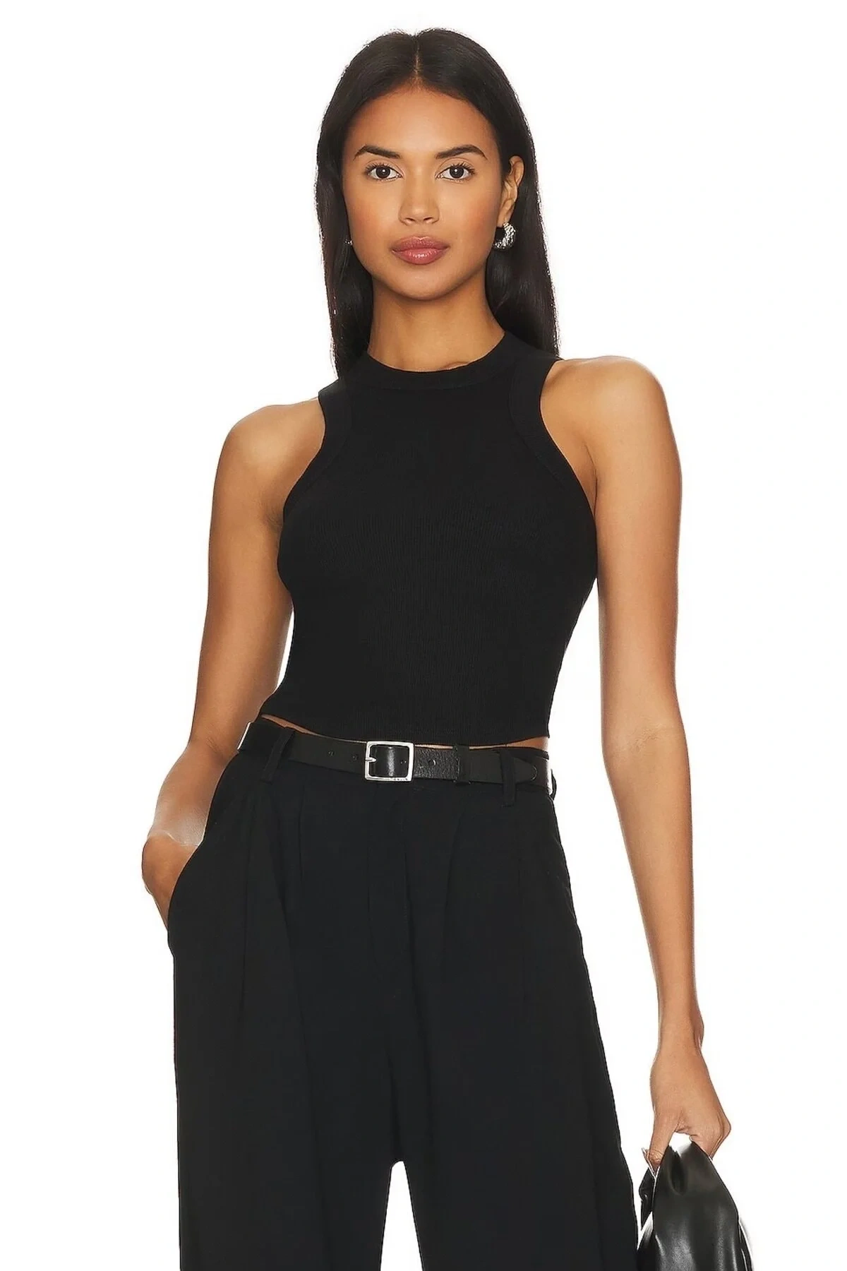 bysoca Kadın Siyah Bisiklet Yaka Sıfır Kol Çift Kat Sandy Kumaş Vücudu Saran Basic Crop Top