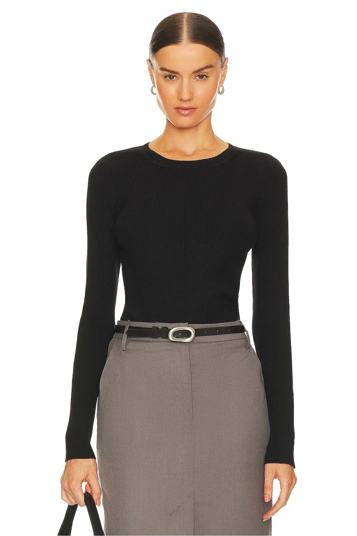 Kadın Siyah Bisiklet Yaka Uzun Kollu Vücudu Saran Sandy Kumaş Basic Bluz