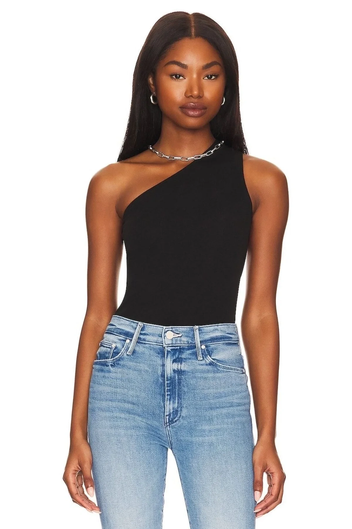 bysoca Kadın Siyah Düşük Omuz Asimetrik Tek Omuz Sıfır Kol Sandy Kumaş Tanga Bodysuit