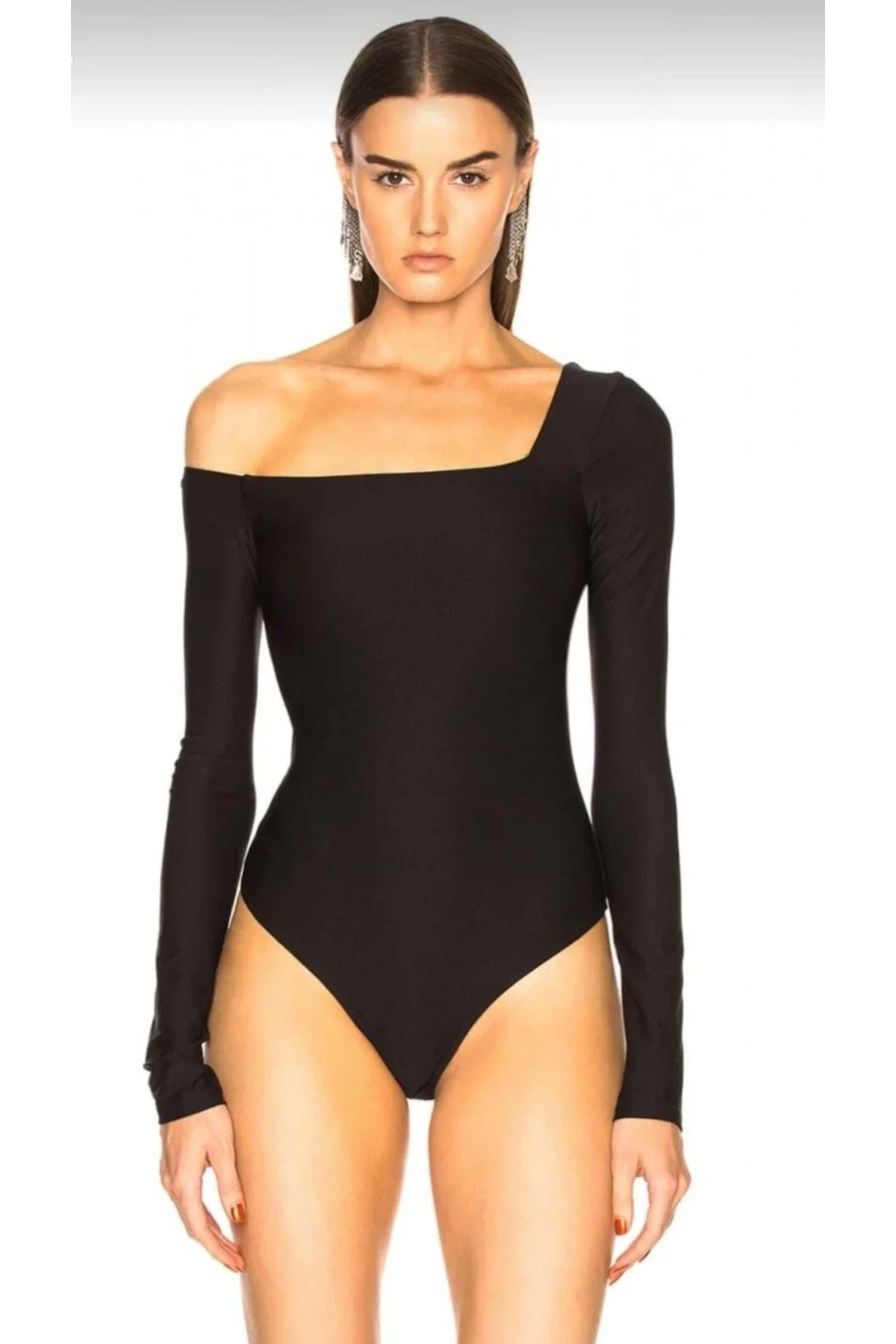 bysoca Kadın Siyah Düşük Omuz Asimetrik Yaka Uzun Kollu Vücudu Saran Sandy Kumaş Tanga Bodysuit