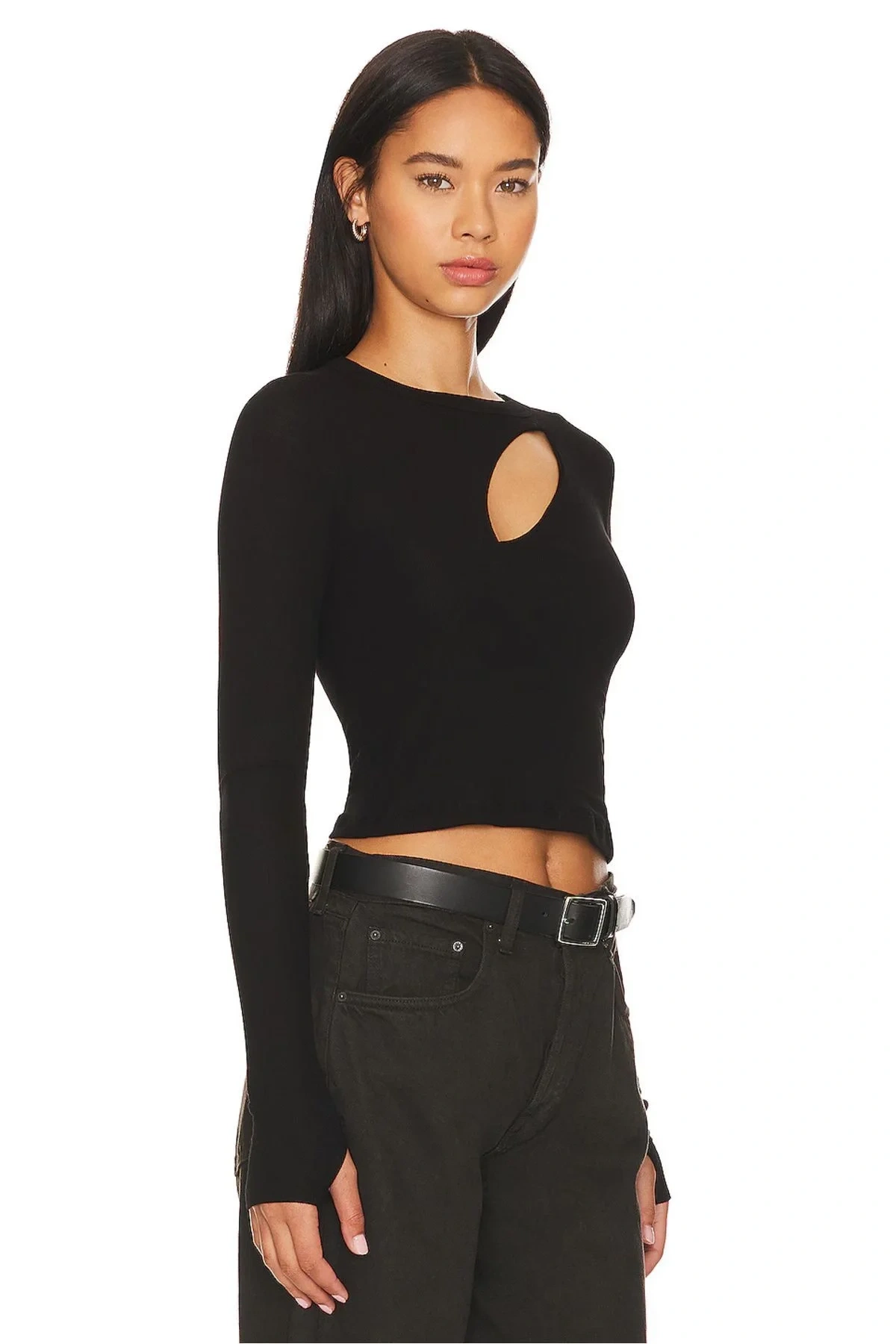 Kadın Siyah Göğüs Dekolteli Bisiklet Yaka Uzun Kollu Parmak Geçmeli Crop Top