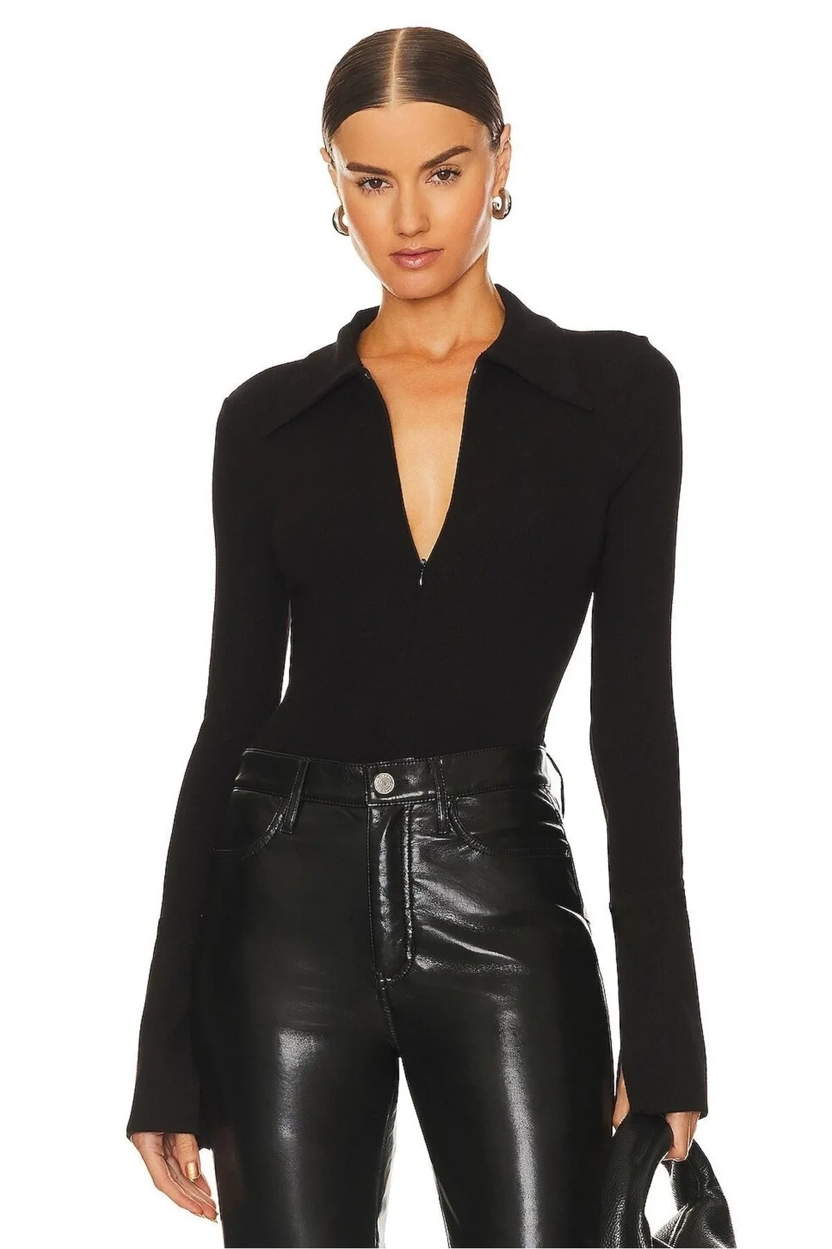 bysoca Kadın Siyah Gömlek Yaka Fermuarlı Uzun Yırtmaç Kollu Vücudu Saran Sandy Kumaş Tanga Bodysuit