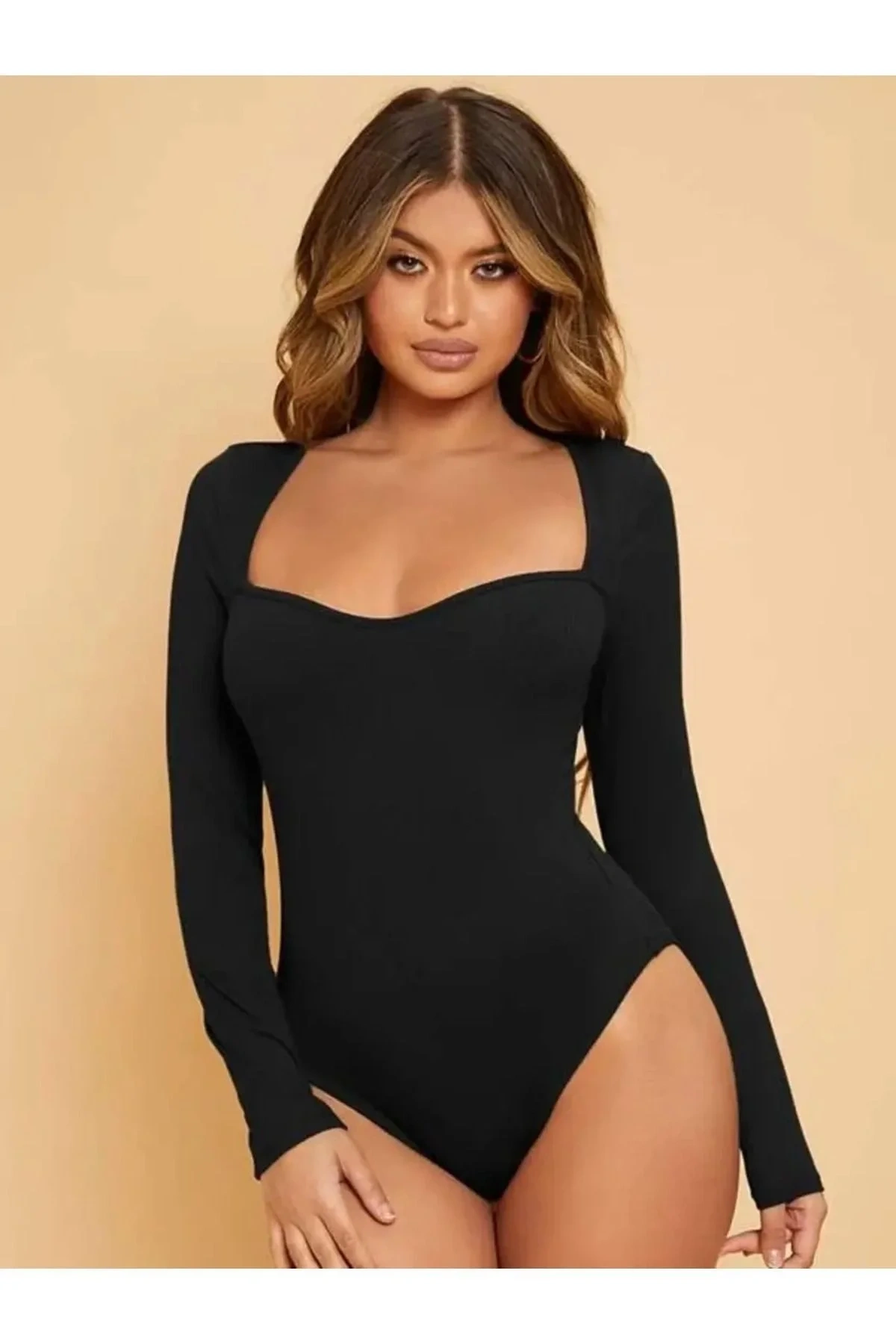 bysoca Kadın Siyah Kalp Yaka Uzun Kollu Vücudu Saran Sandy Kumaş Tanga Basic Bodysuit