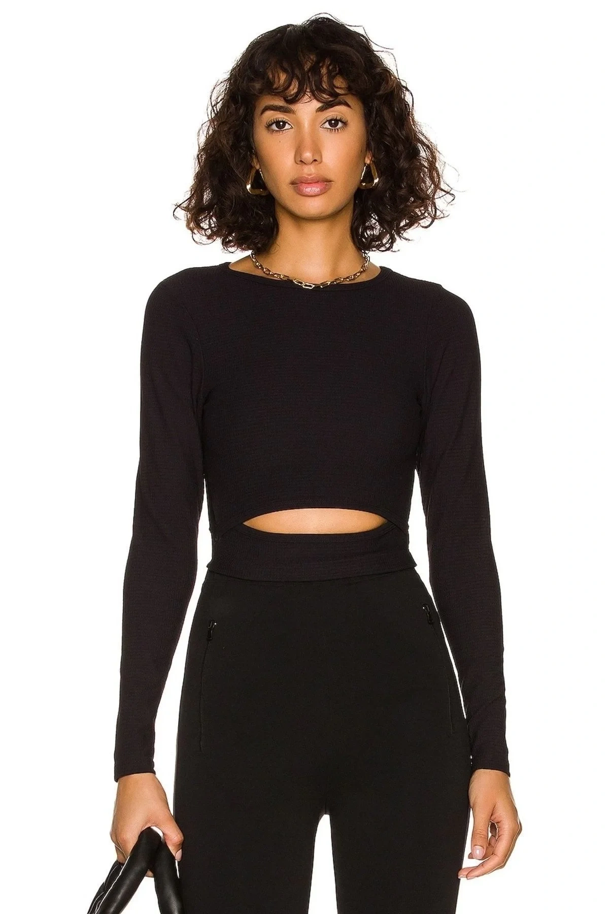 bysoca Kadın Siyah Karın Dekolteli Bisiklet Yaka Uzun Kollu Vücudu Saran Sandy Kumaş Crop Top