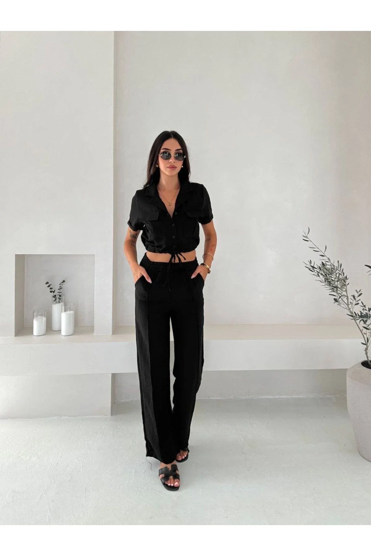 bysoca Kadın Siyah Kısa Kollu Crop Gömlek ve Yüksek Bel Bol Paça Pantolon 2li Keten Takım