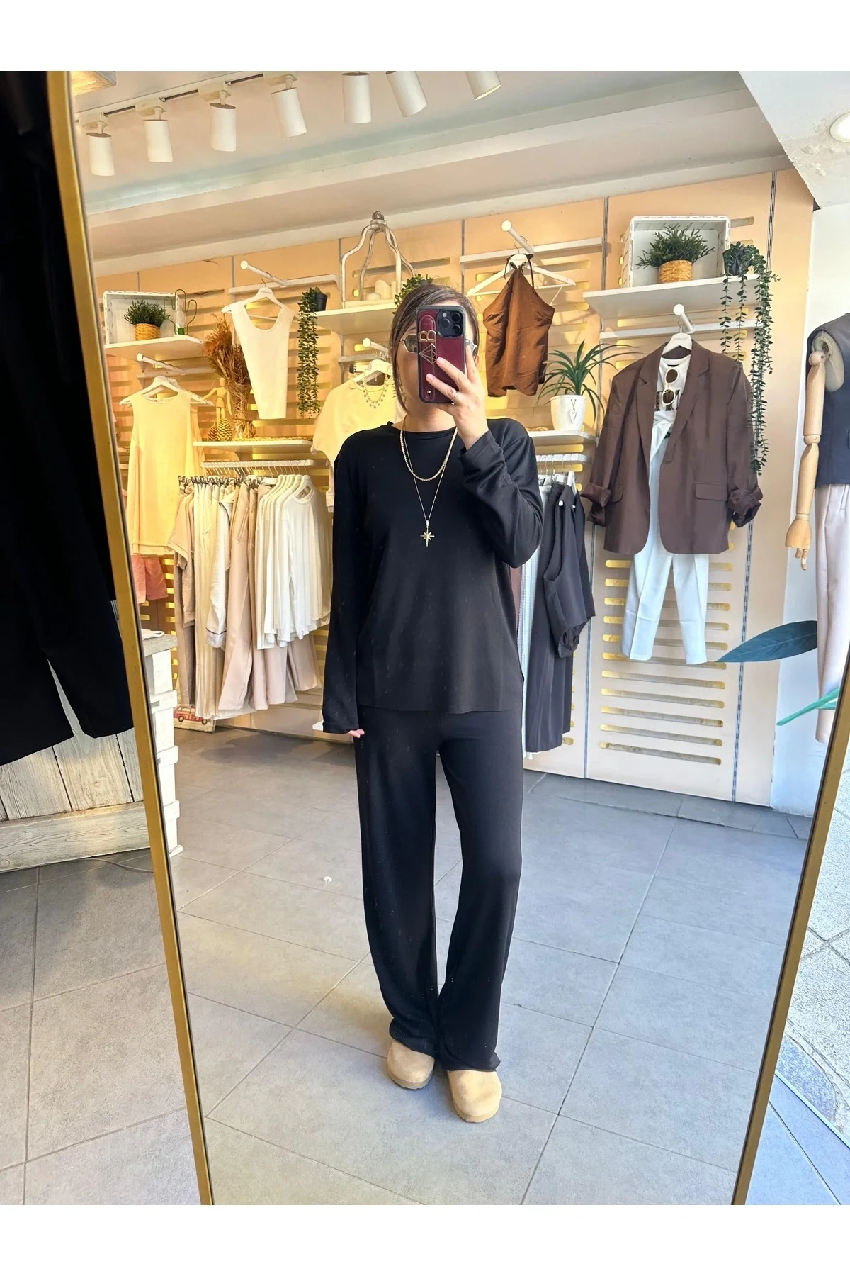 bysoca Kadın Siyah Pike Modal Kumaş Geniş Paça Pantolon ve Uzun Kollu Üst İkili Eşofman Takımı