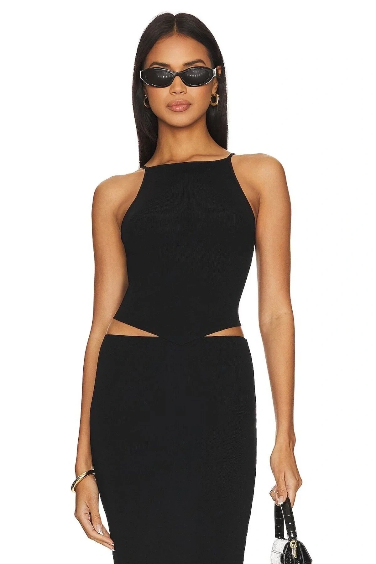 bysoca Kadın Siyah Sıfır Kol Asimetrik Kesim Bel Dekolteli Sandy Kumaş Crop Top