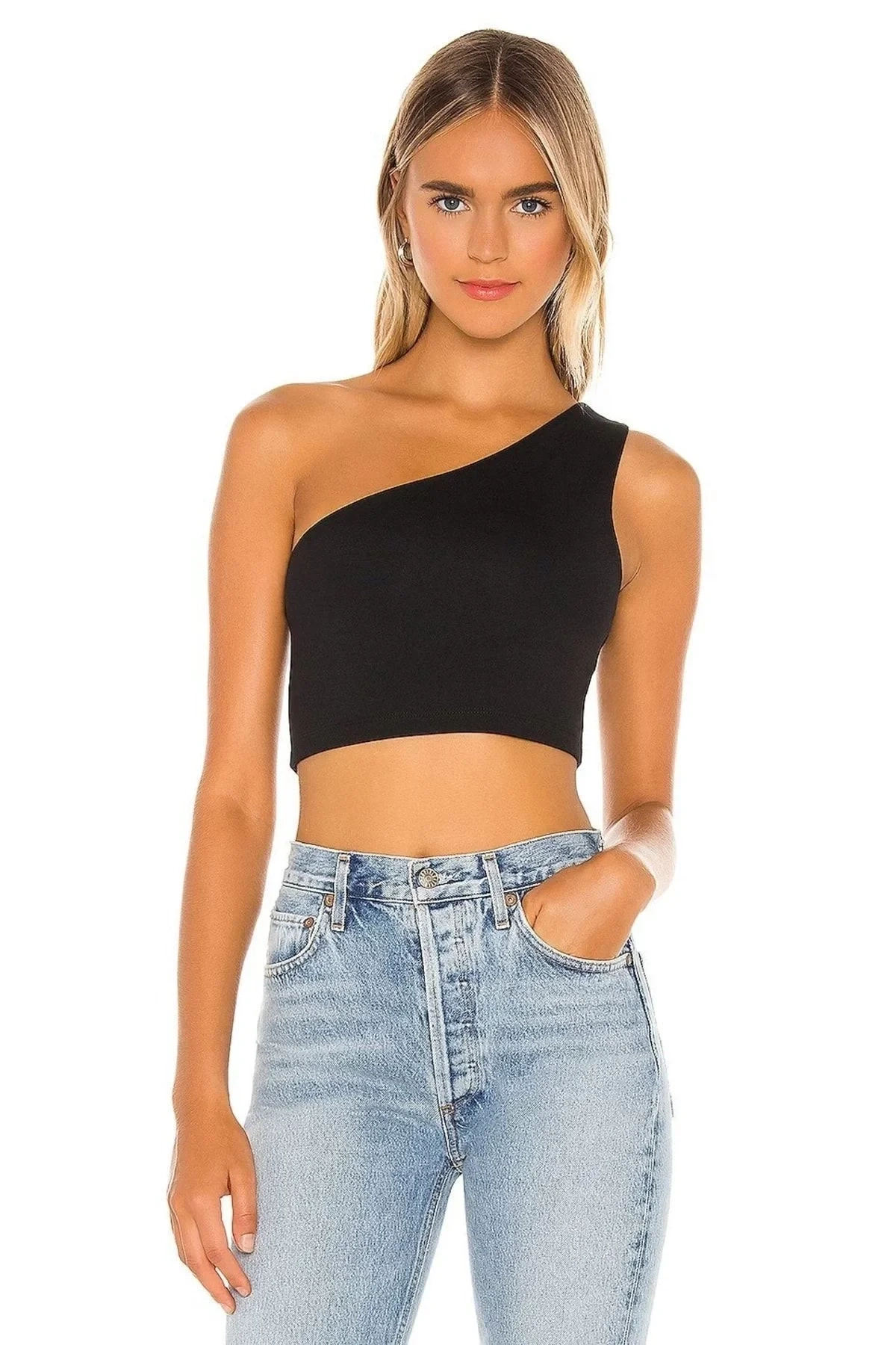 bysoca Kadın Siyah Tek Omuz Sıfır Kol Vücudu Saran Sandy Kumaş Basic Crop Top