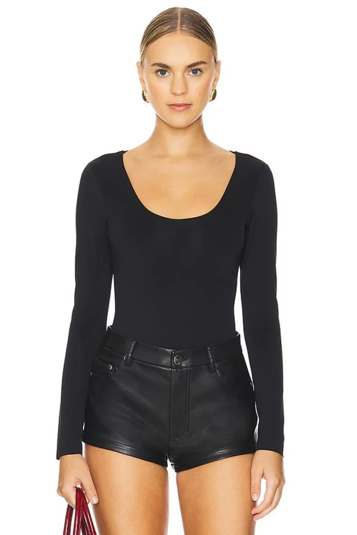 bysoca Kadın Siyah Uzun Kollu U Yaka İpek Jarse Vücudu Saran Basic Bodysuit