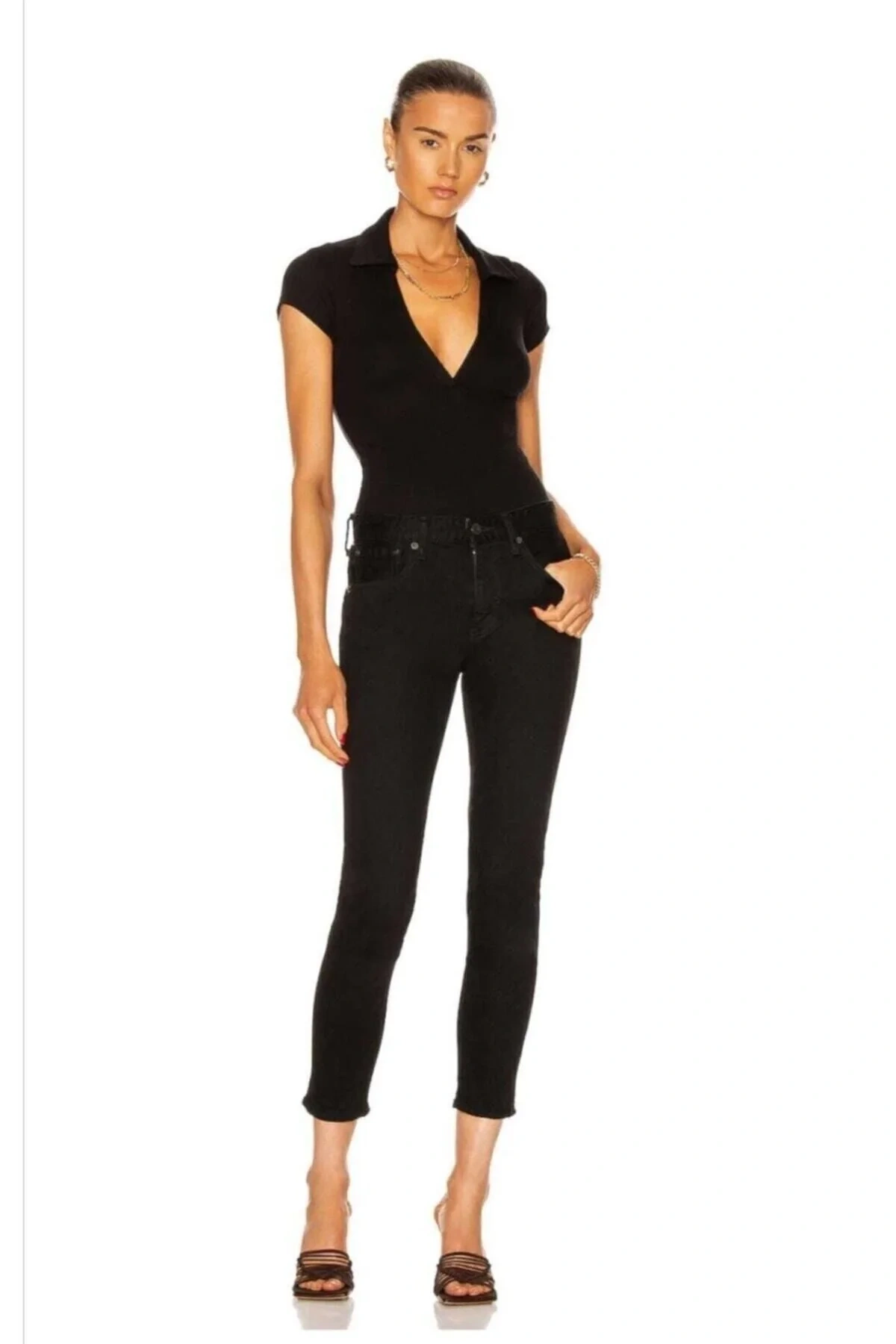 bysoca Kadın Siyah V Polo Yaka Kısa Kol Vücudu Saran Sandy Kumaş Tanga Basic Bodysuit