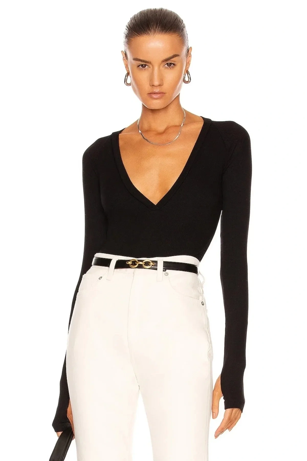 bysoca Kadın Siyah V Yaka Uzun Kollu Parmak Geçmeli Vücudu Saran Sandy Kumaş Tanga Basic Bodysuit