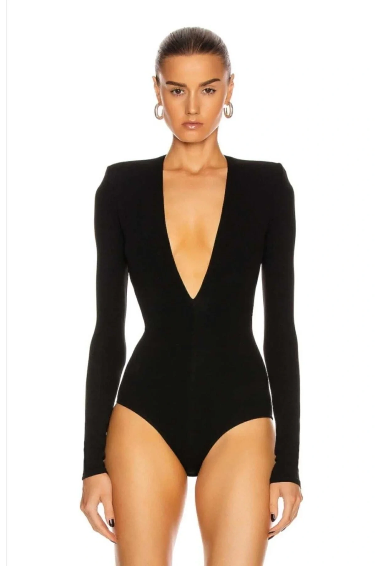 bysoca Kadın Siyah Vatkalı Derin V Yaka Uzun Kollu Vücudu Saran Tanga Esnek İpek Jarse Bodysuit