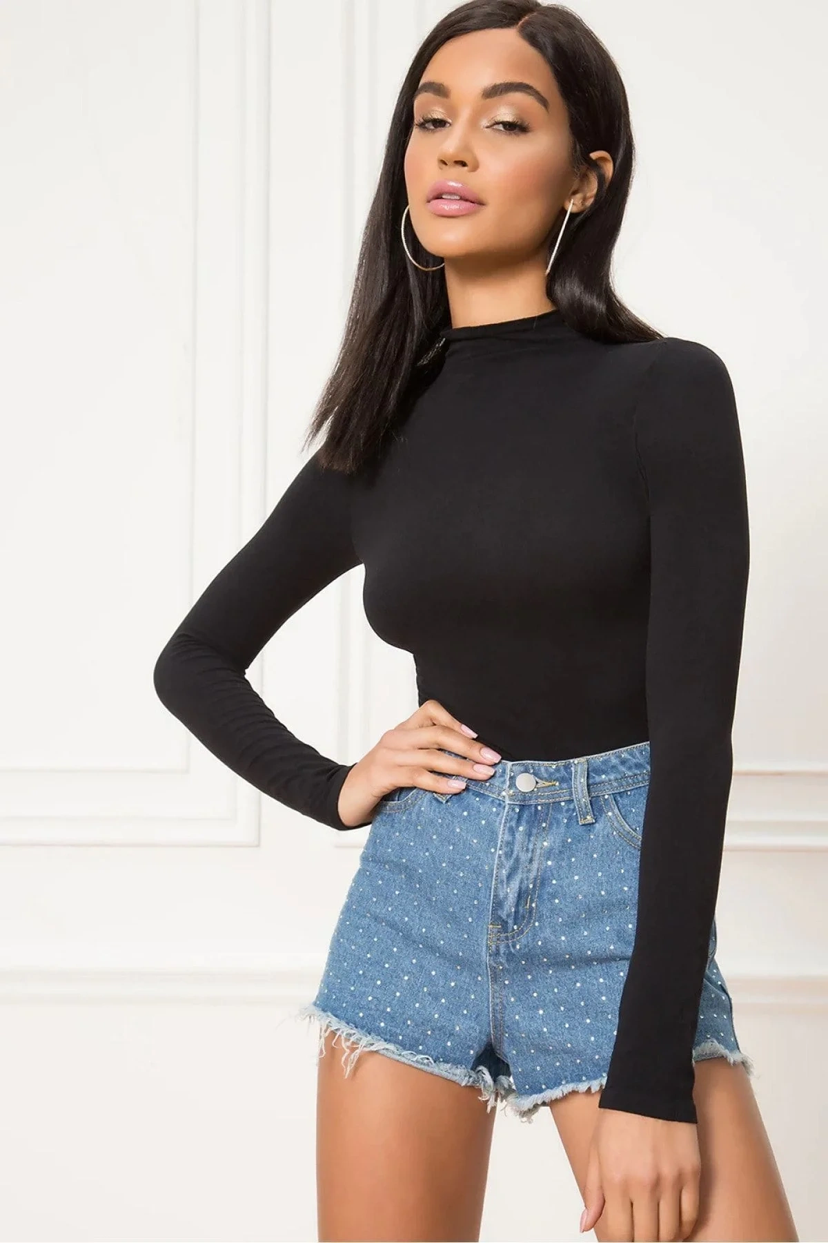 bysoca Kadın Siyah Yarım Balıkçı Yaka Uzun Kollu Vücudu Saran Sandy Kumaş Tanga Basic Bodysuit